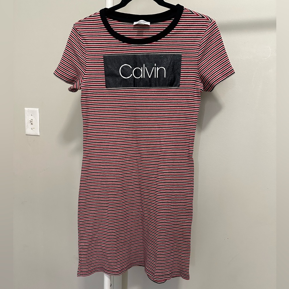 Calvin Klein Red Striped Shortsleeve Bodycon Mini Dress with Logo size small